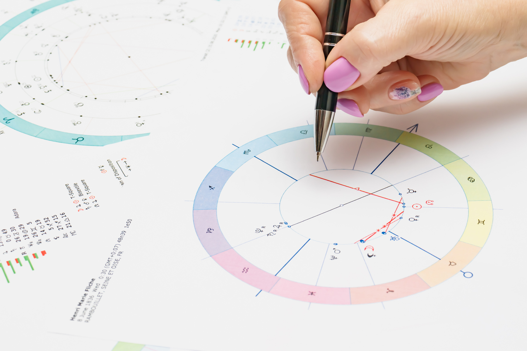 Workplace of a modern astrologer. Printouts of astrological charts, charts, tables, diagrams lying on the table.