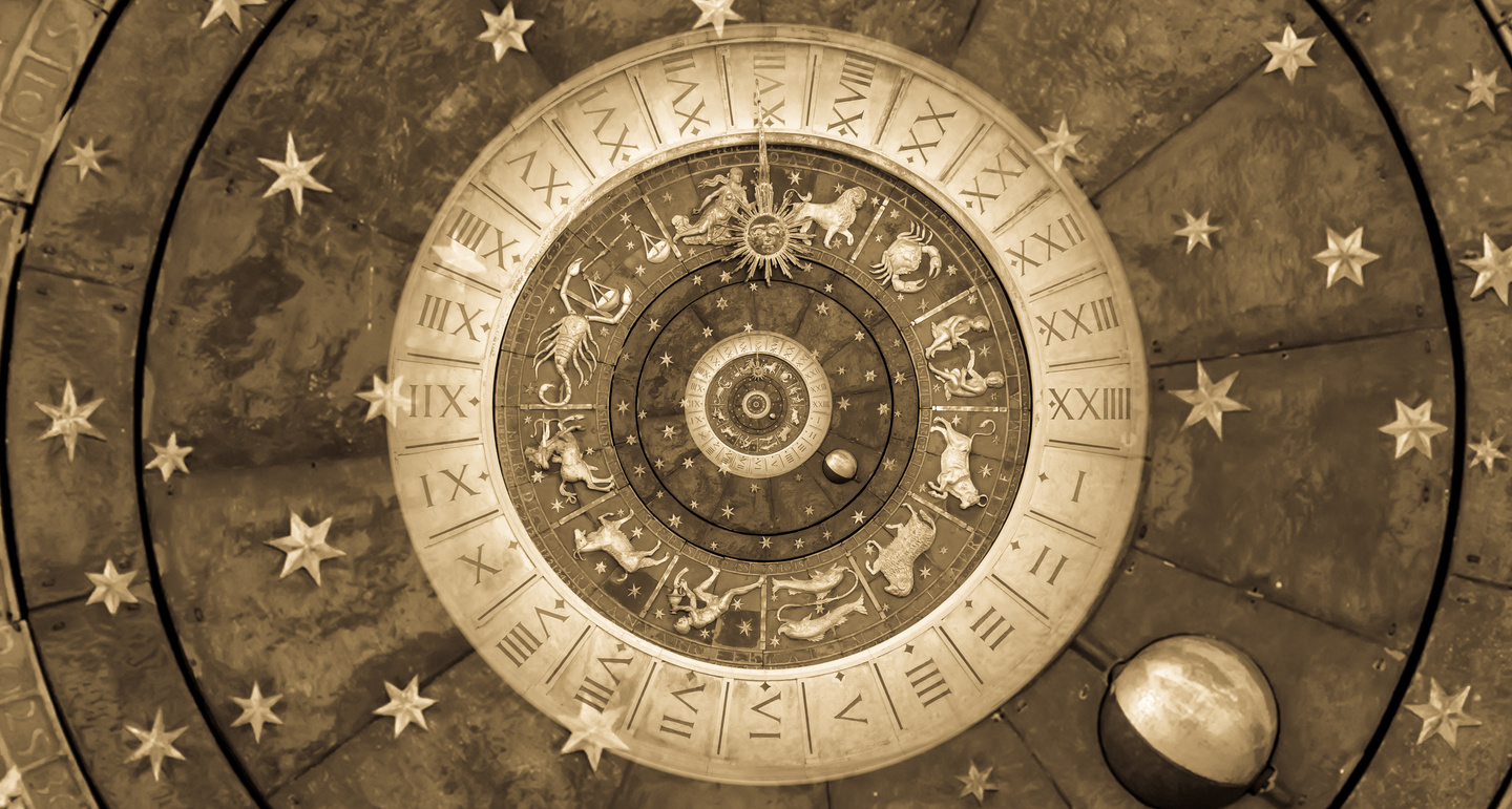 Astrological background with zodiac signs and symbol.